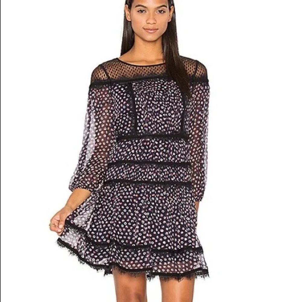 DIANE VON FURSTENBERG Jamie Dress Size 8 Silk Lace Trim Ruffle Tiered Black 8